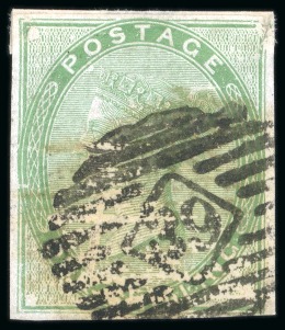 Stamp of Great Britain » 1855-1900 Surface Printed » 1855-57 No Corner Letters 1856 1s Green imperforate colour trial on white glazed wove paper