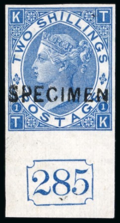 Stamp of Great Britain » 1855-1900 Surface Printed » 1867-80 Large Uncoloured Corner Letters, Wmk Spray of Rose 1867 2s Dull Blue pl.1 imperforate with "SPECIMEN" type 6 overprint, mint nh lower marginal