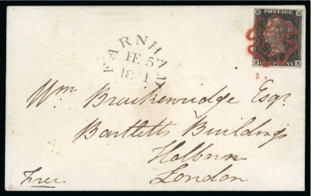 1840 1d Black Plate 1b FE, fine to very good margins, on envelope from Farnham to London tied by a superb strike of a bright red Maltese cross