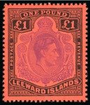 Stamp of Leeward Islands 1938-51 £1 violet and black on scarlet, perf 13, mint n.h. with watermark inverted variety