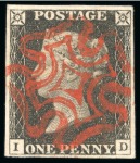 1840 1d Black pl.3 ID, fine to good margins, neatly cancelled by crisp and vivid red Maltese Cross