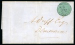 1850-51 8 cents black on blue-green, cut round and used on cover