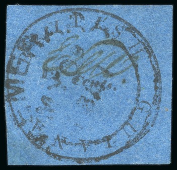 1850-51 12 cents black on blue, Townsend Type A, with initials of postal clerk Wight "EDW", cut square