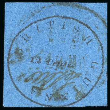 1850-51 12 cents black on blue, on thick paper, Townsend Type B, with initials of postal clerk Wight "EDW", cut square