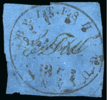 1850-51 12 cents black on blue, Townsend Type A, with initials of postal official Wight "EDW", cut square