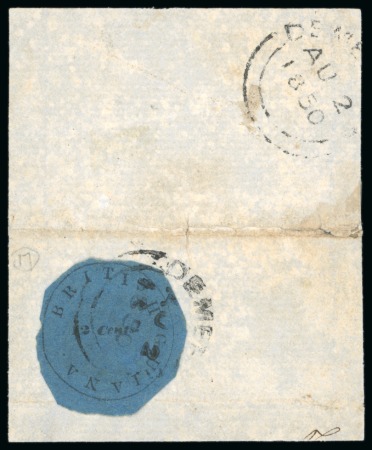 1850-51 12 cents black on blue, Townsend Type B, without initials, the earliest usage recorded in British Guiana
