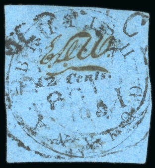1850-51 12 cents black on pale blue, Townsend Type C, "2" of "12" with straight foot, used