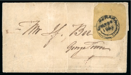 1850-51 4c black on pale yelow on pelure paper, cut square on cover