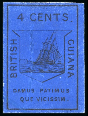 Stamp of British Guiana » 1852 Waterlow (SG 9-10) 1852 Waterlow 4 cents black on deep blue, exceptionally fresh unused
