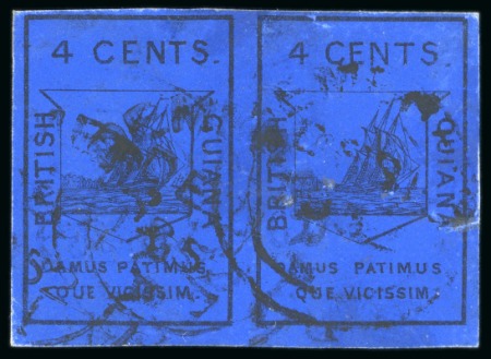 1852 Waterlow 4 cent black on deep blue, extremely rare horizontal pair, LARGEST KNOWN MULTIPLE