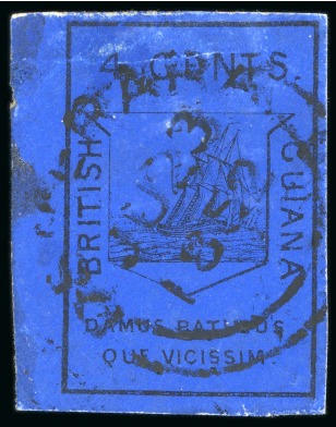 1852 Waterlow 4 cent black on deep blue, sheet margin at left, used