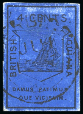 Stamp of British Guiana » 1852 Waterlow (SG 9-10) 1852 Waterlow 4 cent black on deep blue, good margins all around, used