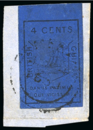 1852 Waterlow 4 cent black on deep blue, huge to large margins, very fresh used on piece