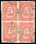 Stamp of British Guiana » 1853 Waterlow Lithographs (SG 11-21) 1853 Waterlow lithographed 1 cent vermilion, exceptional block of four