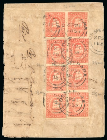 1853 Waterlow lithographed 1 cent vermilion, two vertical strips of three plus a horizontal pair used together on double rate letter