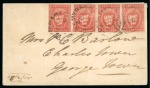 Stamp of British Guiana » 1853 Waterlow Lithographs (SG 11-21) 1853 Waterlow lithographed 1 cent vermilion, exceptional horizontal strip of four used on cover