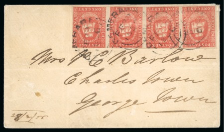 1853 Waterlow lithographed 1 cent vermilion, exceptional horizontal strip of four used on cover
