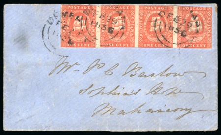 Stamp of British Guiana » 1853 Waterlow Lithographs (SG 11-21) 1853 Waterlow lithographed 1 cent vermilion, very fresh horizontal strip of four, showing types 7-10, used on cover 