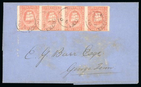 Stamp of British Guiana » 1853 Waterlow Lithographs (SG 11-21) 1857-59 Waterlow lithographed 1 cent dull vermilion type B, a very fresh horizontal strip of four used on cover