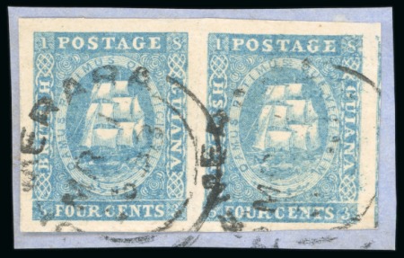 Stamp of British Guiana » 1853 Waterlow Lithographs (SG 11-21) 1853-55 Waterlow lithographed 4 cent blue, first stone, types 7-8, an exceptional pair
