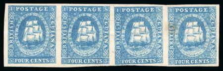 Stamp of British Guiana » 1853 Waterlow Lithographs (SG 11-21) 1853-55 Waterlow lithographed 4 cents <mark>blue</mark>, the remarkable horizontal strip of four