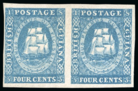 Stamp of British Guiana » 1853 Waterlow Lithographs (SG 11-21) 1853-55 Waterlow lithographed 4 cent first stone, the only retouched pair in private hands
