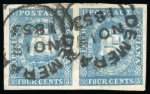Stamp of British Guiana » 1853 Waterlow Lithographs (SG 11-21) 1853-55 Waterlow lithographed 4 cents blue, horizontal pair, large even margins, right stamp clearly showing retouch
