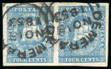 1853-55 Waterlow lithographed 4 cents blue, horizontal pair, large even margins, right stamp clearly showing retouch