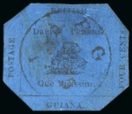 Stamp of British Guiana » 1856 Provisionals (SG 23-27) 1856 Provisional 4 cents black on blue glazed surface-coloured, cut octagonal, village datestamp