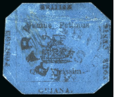 Stamp of British Guiana » 1856 Provisionals (SG 23-27) 1856 Provisional 4 cents black on blue glazed surface-coloured, cut octagonally, used