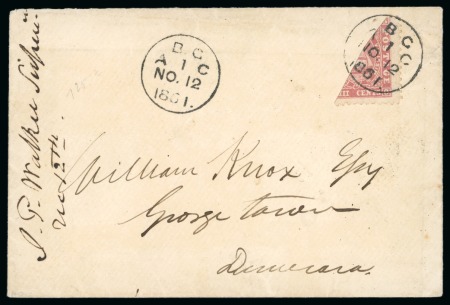 1861 Cover from Arabian Coast village to Georgetown, with 1860-76 Ship issue 8 cents brownish red diagonal bisect