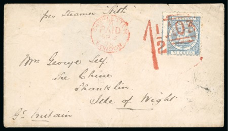 Stamp of British Guiana » Later Issues » 1860-76 Ship Issues (SG 29-115) 1875 Cover to the Isle of Wight, with 1860-76 Ship issue 6 cents tied by the combined obliterating and accountancy handstamp