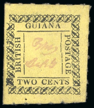 Stamp of British Guiana » Later Issues » 1862 Type-set Provisional Issue (SG 116-124) » Two Cent "Beetle" Type Frame 1862 Provisionals 2 cent black on lemon yellow, roulette 6, type A, position 7,unused