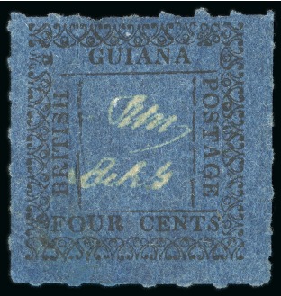 Stamp of British Guiana » Later Issues » 1862 Type-set Provisional Issue (SG 116-124) » Four Cent "Shell" Type Frame 1862 Provisionals 4 cent black on blue, roulette 6, type D, position 8, showing italic "S" in "CENTS", unused