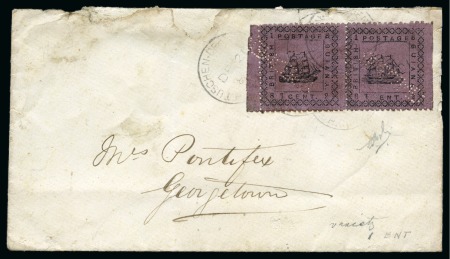 Stamp of British Guiana » Later Issues » 1876-91 Ship Issues (SG 126-215) 1882 Typeset Ship Issue, 1 cent on magenta, horizontal pair, one with very unusual variety "1 ENT" for "1 CENT"