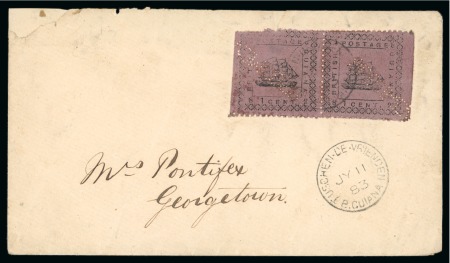 Stamp of British Guiana » Later Issues » 1876-91 Ship Issues (SG 126-215) 1882 Typeset Ship Issue, 1 cent on magenta, pair on cover