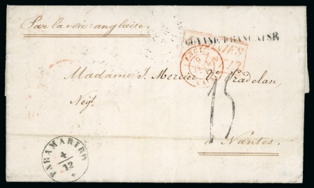 1850 Folded entire to France showing markings of all three Guianas