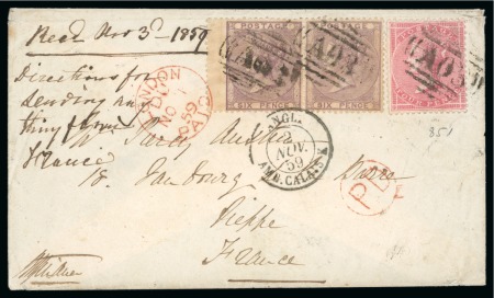 Stamp of British Guiana » British Post Offices 1859 Envelope from Demerara to France with single 4d rose and wing margin pair of 6d lilac