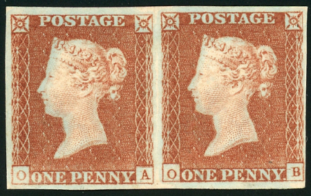 Stamp of Great Britain » 1841 1d Red 1841 1d Red-brown, Pl. 19, OA-OB pair with good margins,
