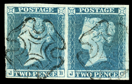 Stamp of Great Britain » 1841 2d Blue 1841 2d. Blue Pl. 3, JB-JC horizontal pair, good to