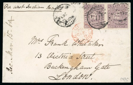 Stamp of British Guiana » Later Issues » 1860-76 Ship Issues (SG 29-115) 1864 Cover to London, with 1860-76 Ship issue 12 cents lilac pair tied by two strikes of the GEORGE TOWN duplex
