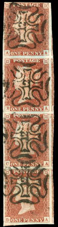 Stamp of Great Britain » 1841 1d Red 1841 1d Red-brown, AA-DA vertical strip of four 