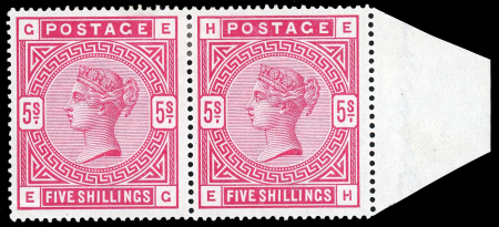 Stamp of Great Britain » 1855-1900 Surface Printed » 1883-84 & 1888 High Values 1883 5/- Rose on white paper, EG-EH mint pair from