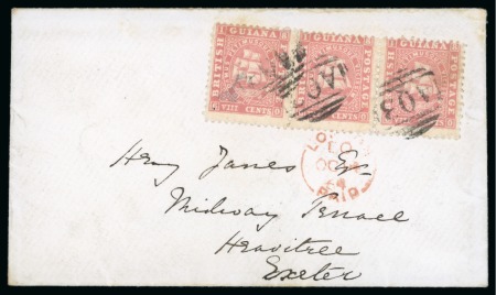 Stamp of British Guiana » Later Issues » 1860-76 Ship Issues (SG 29-115) 1864 Cover to Exeter, with 1860-76 Ship issue 8 cents pink, perf. 12 1/2 x 13, strip of three