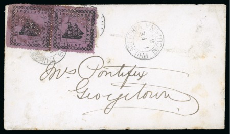 Stamp of British Guiana » Later Issues » 1876-91 Ship Issues (SG 126-215) 1882 Typeset Ship Issue, 1 cent on magenta, horizontal pair, positions 11-12, used on envelope