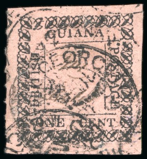 Stamp of British Guiana » Later Issues » 1862 Type-set Provisional Issue (SG 116-124) » One Cent "Beetle" Type Frame 1862 Provisionals 1 cent black on rose, roulette 6, type A, position 8, used