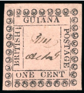 Stamp of British Guiana » Later Issues » 1862 Type-set Provisional Issue (SG 116-124) » One Cent "Pearls" Type Frame 1862 Provisionals 1 cent black on rose, roulette 6, type B, position 14, unused 