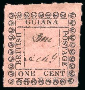 Stamp of British Guiana » Later Issues » 1862 Type-set Provisional Issue (SG 116-124) » One Cent "Pearls" Type Frame 1862 Provisionals 1 cent black on rose, roulette 6, type B, position 20, unused
