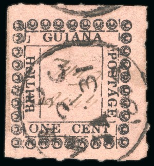 Stamp of British Guiana » Later Issues » 1862 Type-set Provisional Issue (SG 116-124) » One Cent "Pearls" Type Frame 1862 Provisionals 1 cent black on rose, roulette 6, type B, position 13, used, showing vertical bar to left of "GUIANA"