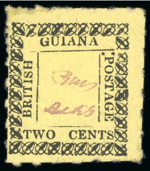 Stamp of British Guiana » Later Issues » 1862 Type-set Provisional Issue (SG 116-124) » Two Cent "Beetle" Type Frame 1862 Provisionals 2 cent black on yellow, roulette 6, type A, position 8, unused, showing ":" before "P" in "POSTAGE"